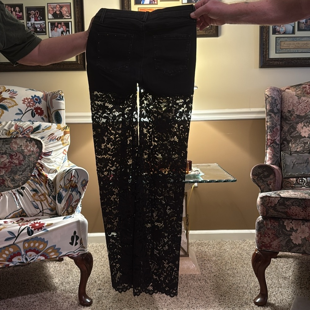 VINTAGE OASIS size 12 black rhinestone denim jeans/shorts w/sheer lace on bottom - Picture 3 of 8